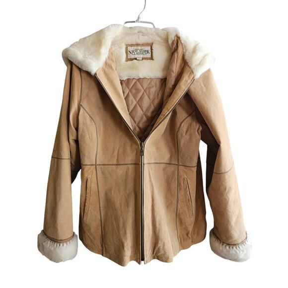New York Classics Jackets & Blazers - New York Classics ladies tan suede leather coat with hood size large